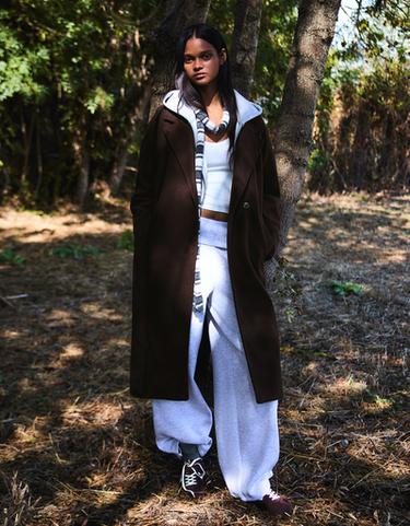 Soft-touch long coat with belt — Brown 1