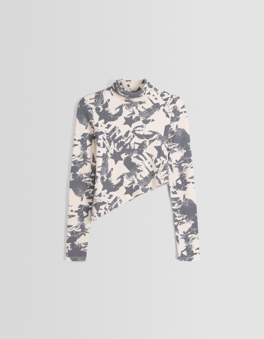 Pull col roulé asymétrique imprimé-Écru-4