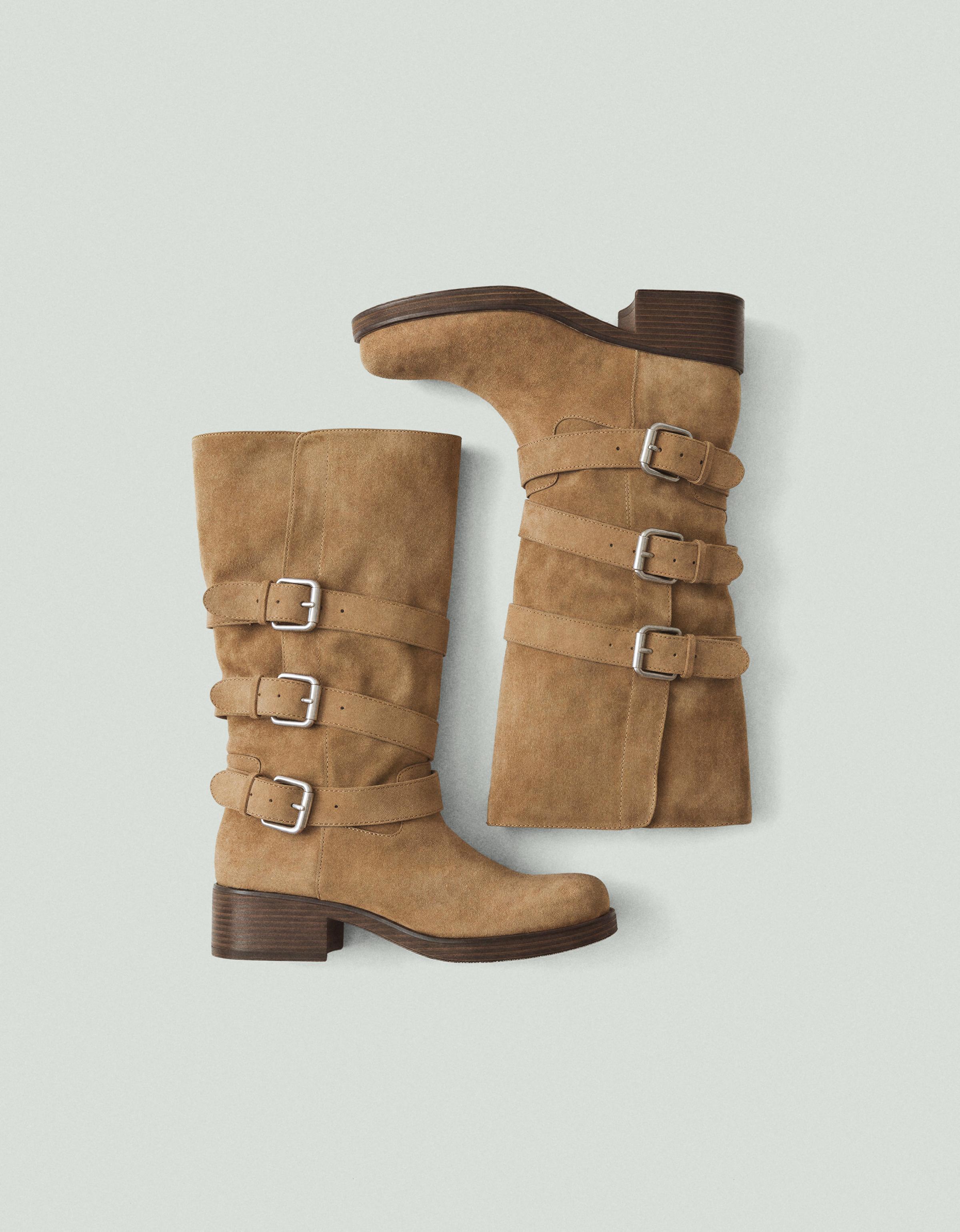 BUCKLED BIKER BOOTS — BEIGE