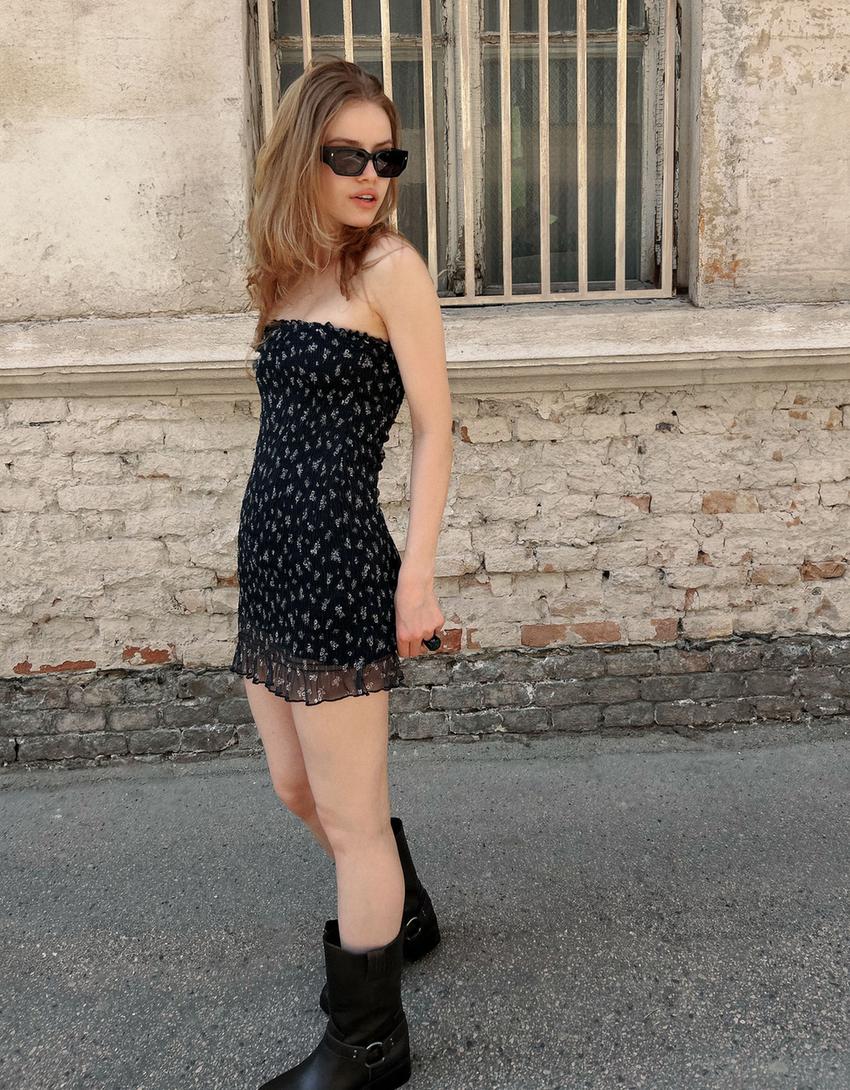 Mini-Bandeaukleid mit Print-Schwarz-2