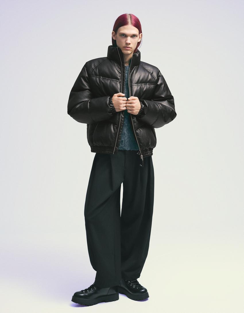 Puffy leather effect jacket-Black