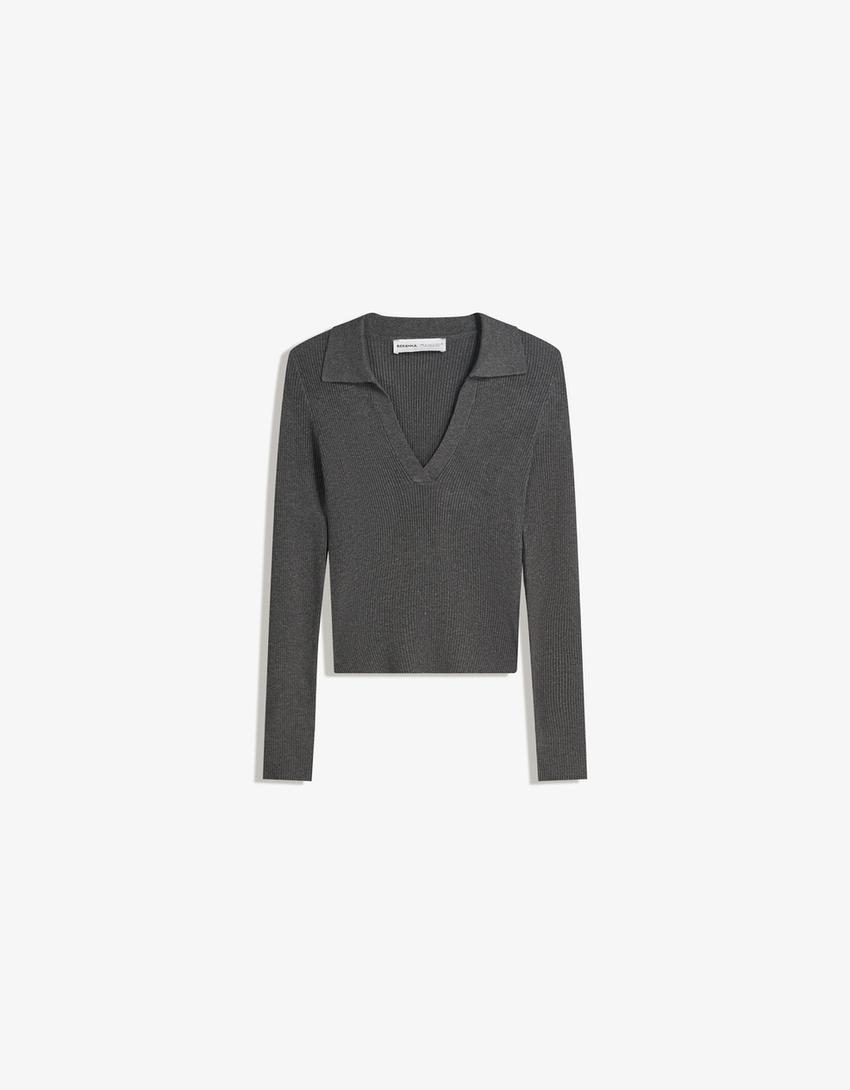 Ribbed polo collar sweater-Dark grey