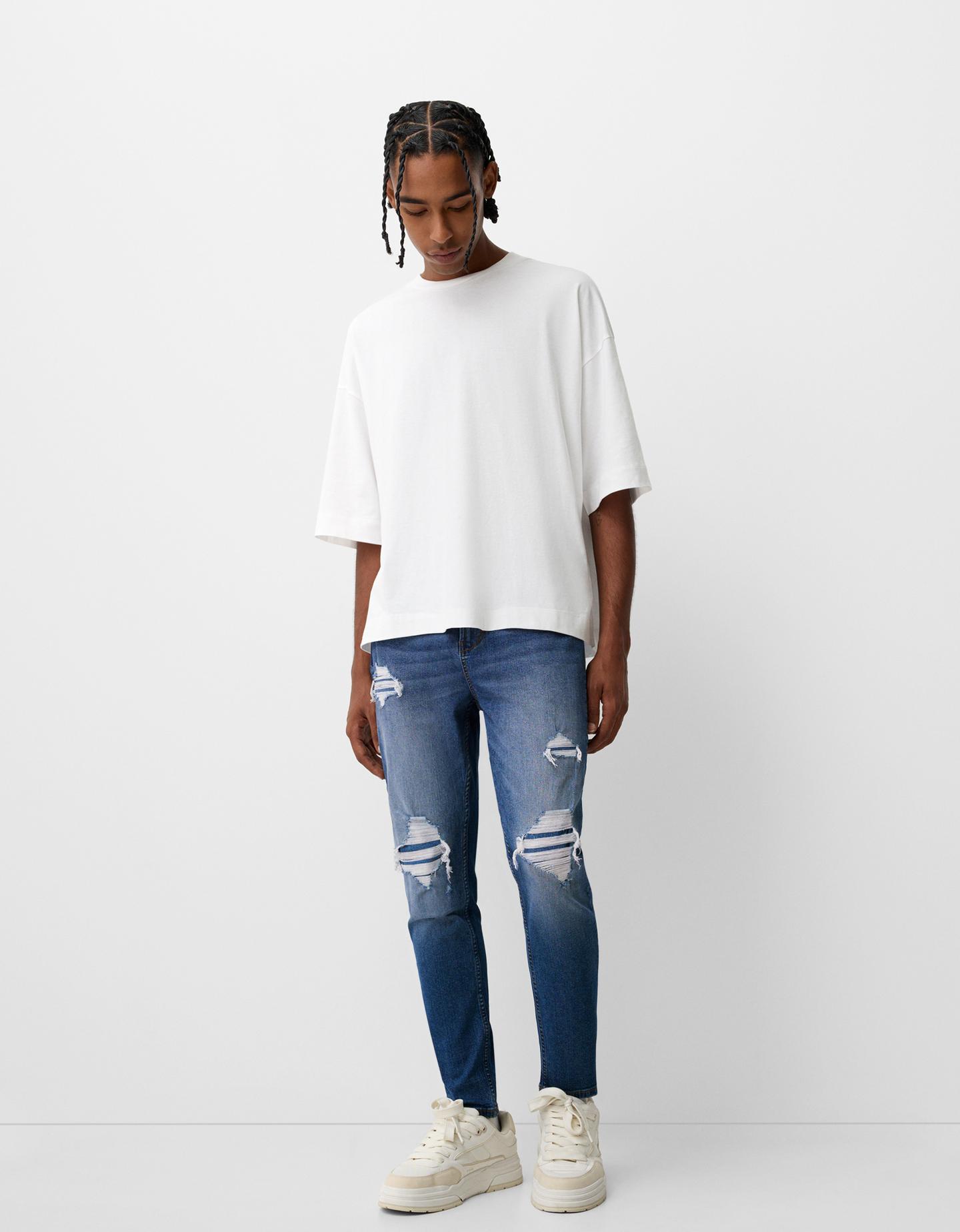 Bershka Jeans Carrot Rotos Hombre 34 Azul