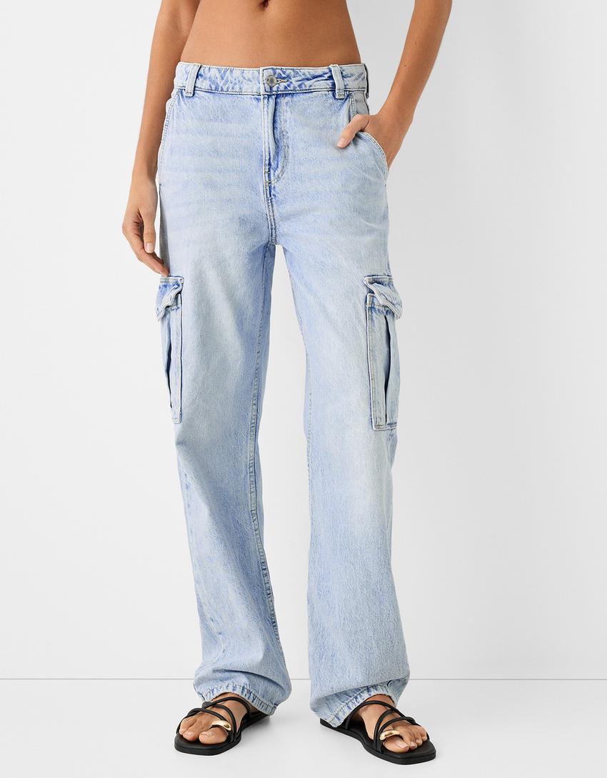بنطال جينز كارغو بقصّة مستقيمة-أزرق فاتح-1