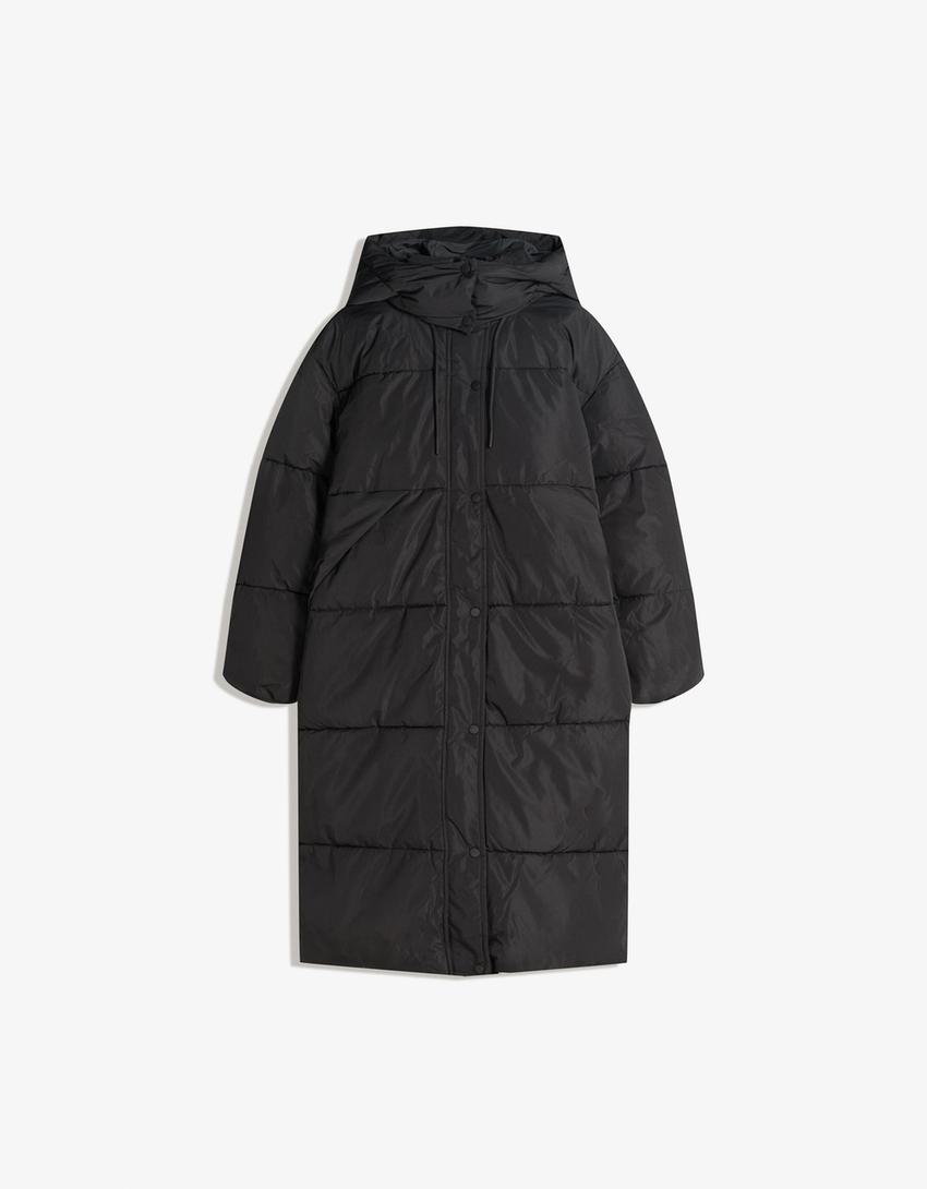 Long hooded puffer coat-Black