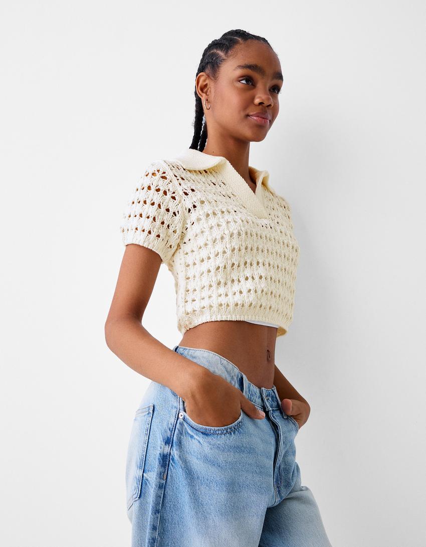 قميص ريفي بغرزة مخرمة وأكمام قصيرة-كريمي-5