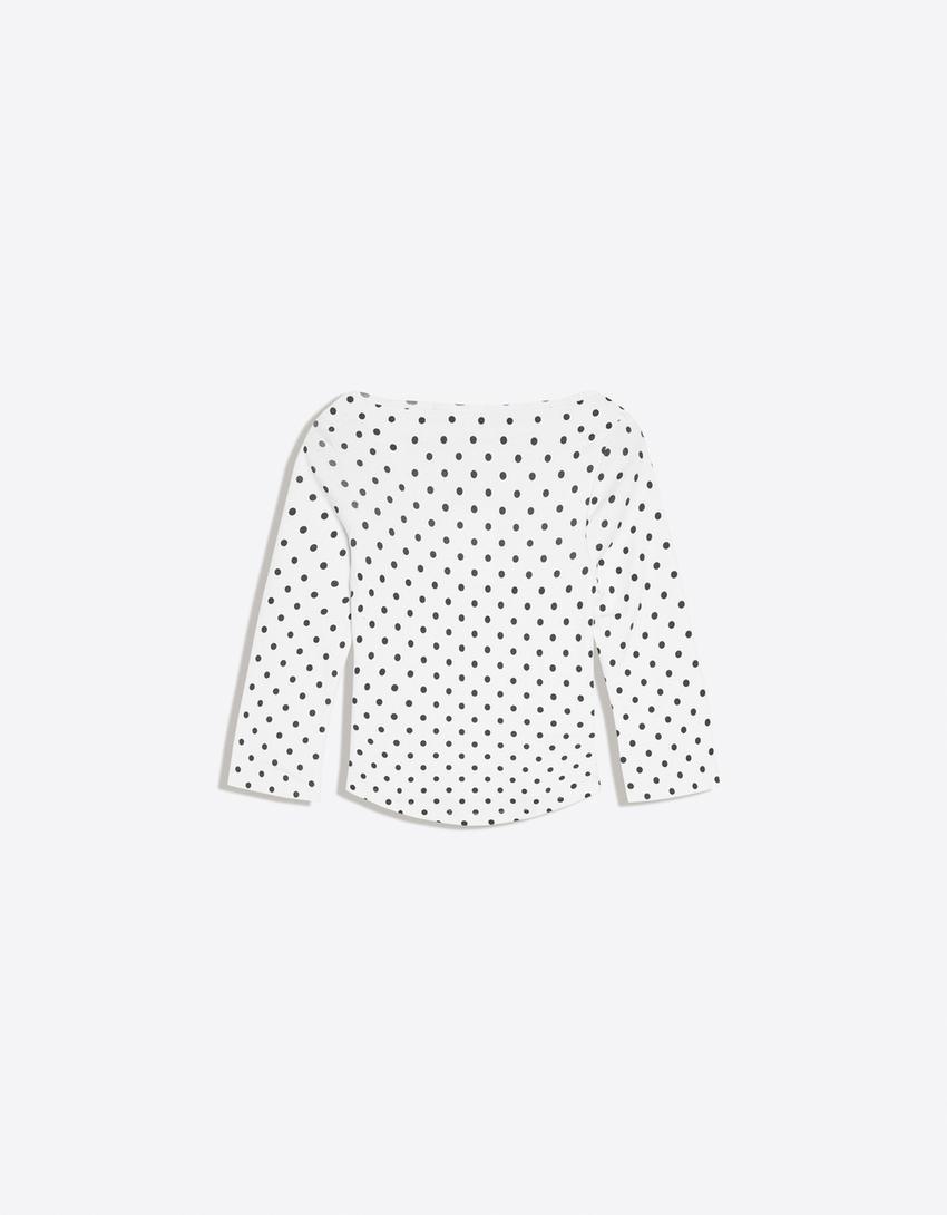 Boat neck long-sleeve T-shirt-White / Black
