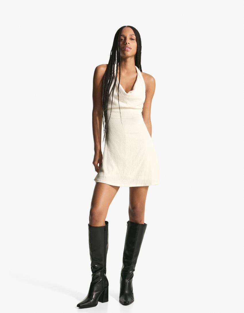 Vestido mini rústico drapeado-Crudo