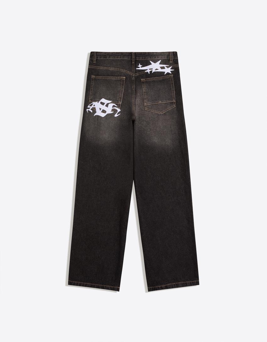 İşlemeli super baggy fit jean-Siyah