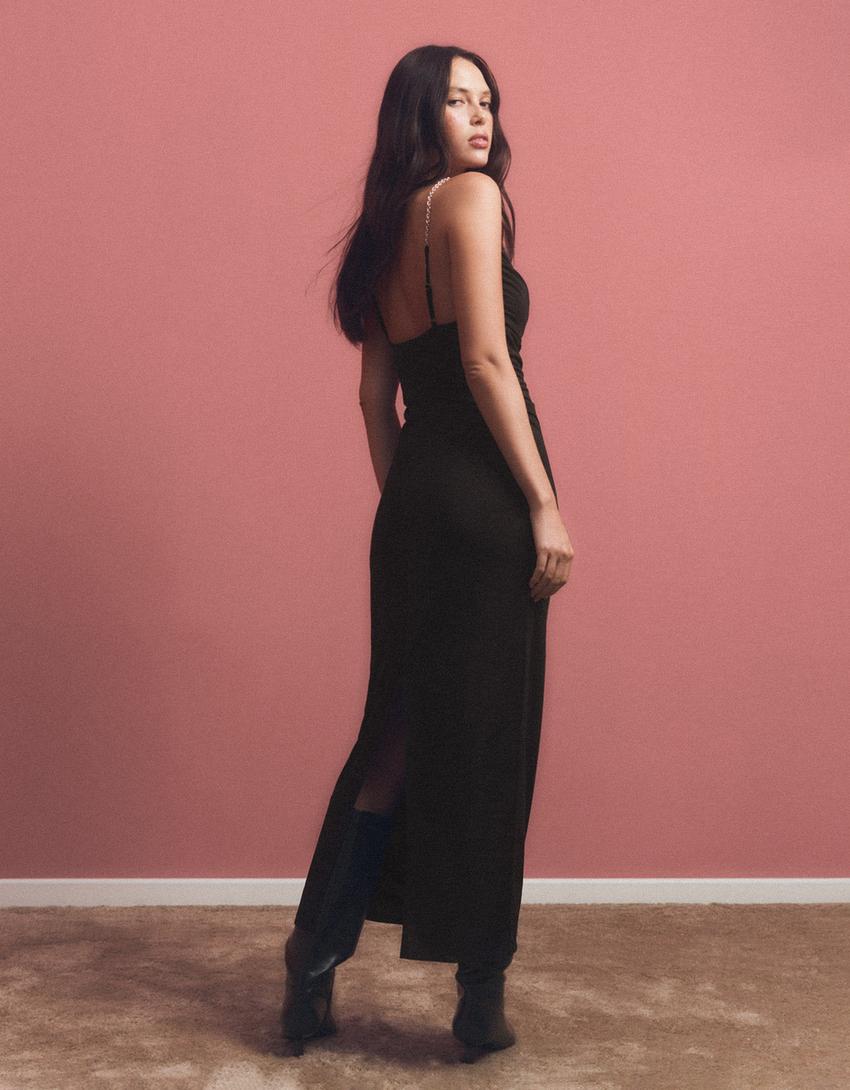 Chain strap draped midi dress-Black