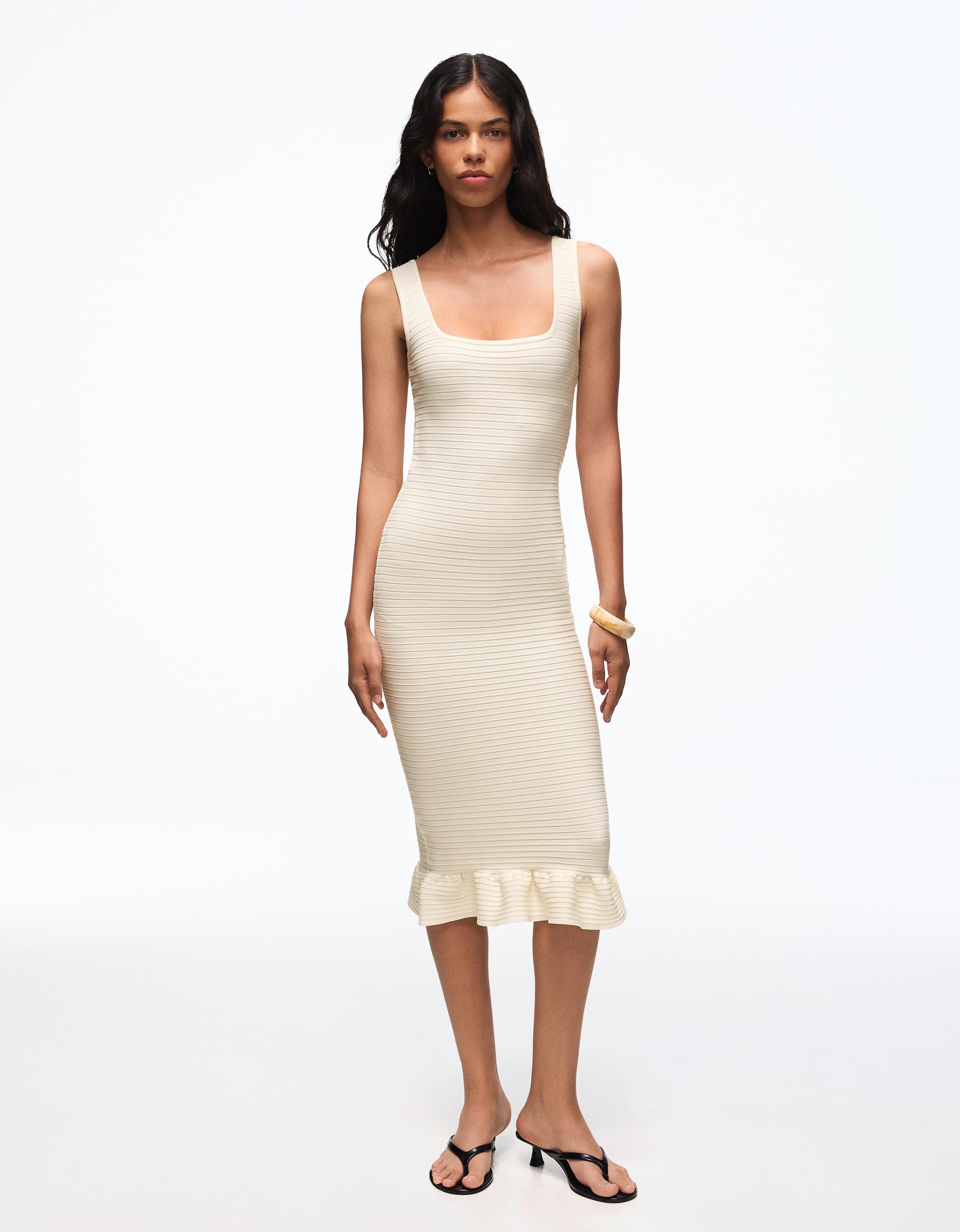 Midi knit dress with frill — Cream