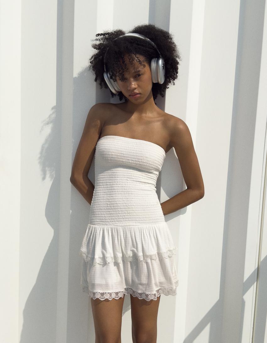 Robe mini bandeau à volants-Blanc cassé-2