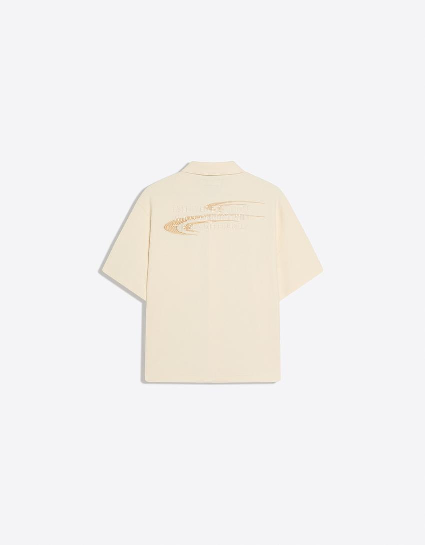 Waffle-knit short sleeve shirt-Off white