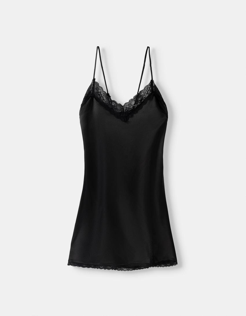 Vestido alças mini cetim pormenores renda-Preto-5