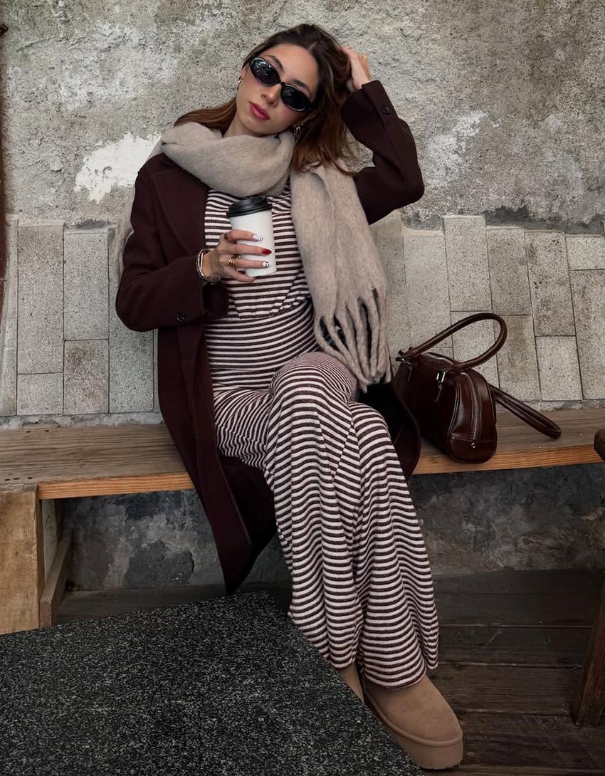 Striped knit wide-leg trousers-Brown