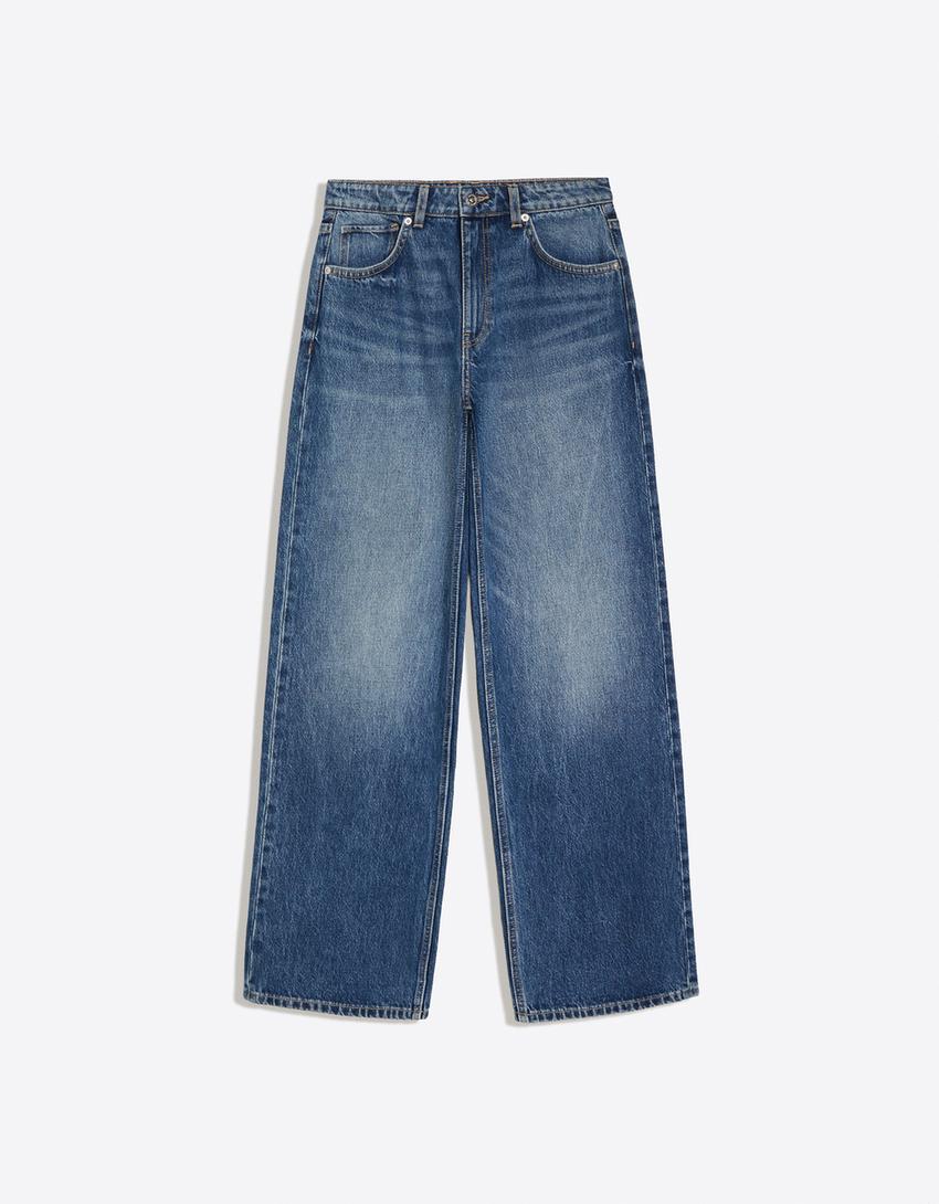 Yüksek bel straight fit geniş paça jean-Mavi