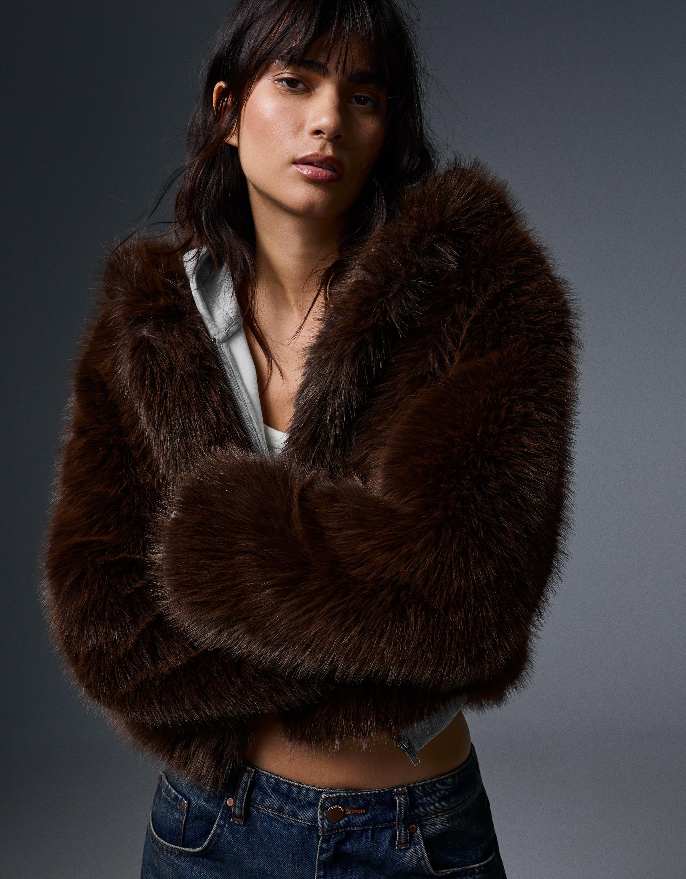 Faux fur hooded jacket — Brown