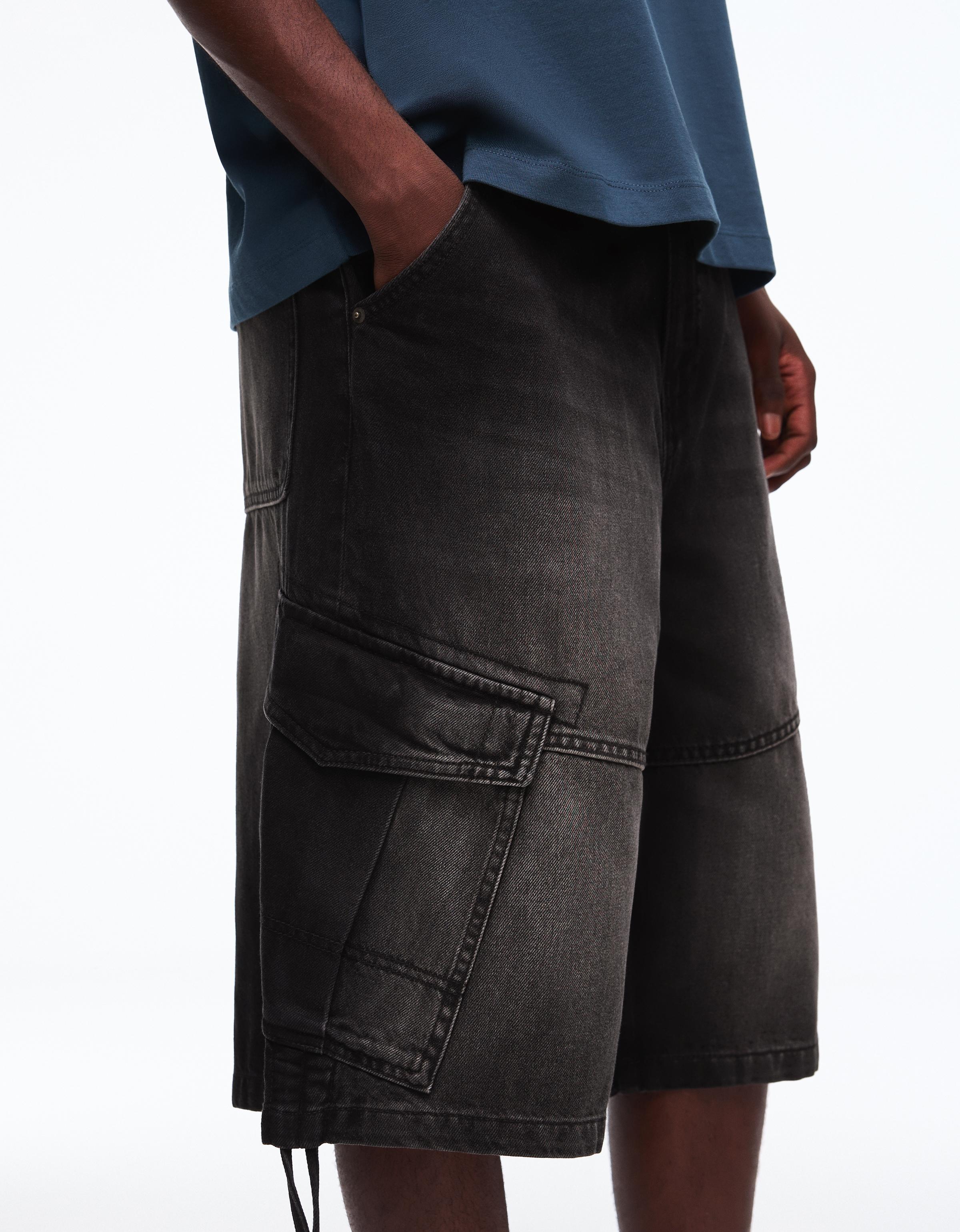 Denim cargo parachute Bermuda shorts — Black