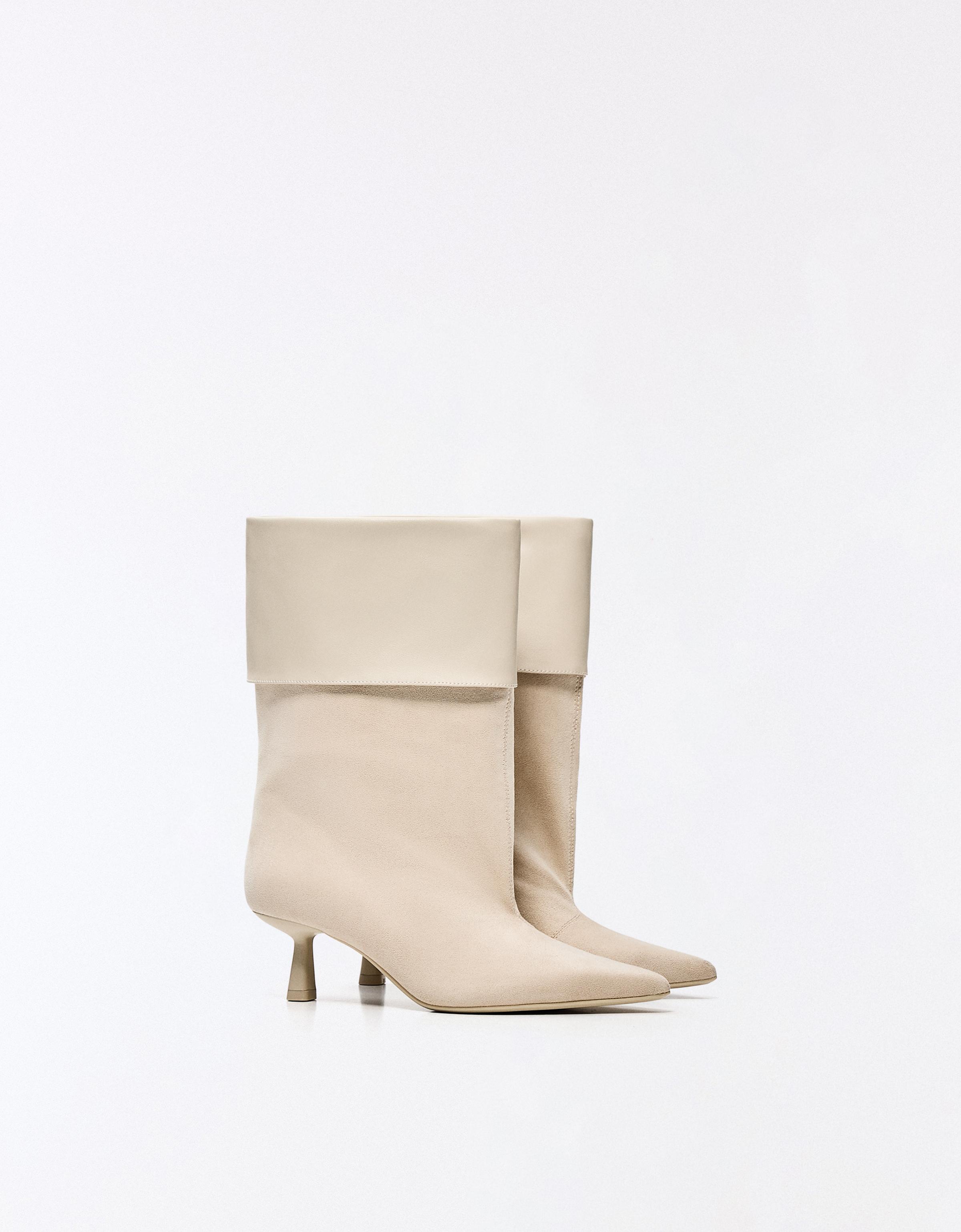 HEELED ANKLE BOOTS WITH TURN-UP DETAIL — ECRU