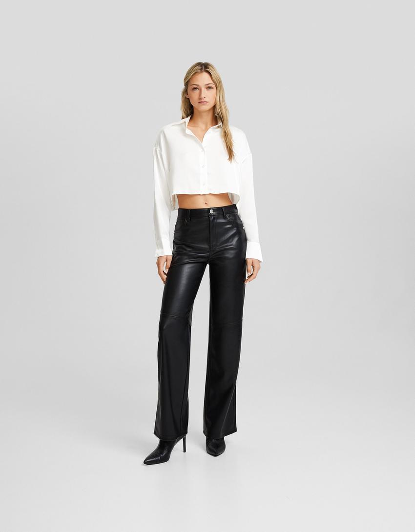 Satin long sleeve cropped shirt-Cream-3
