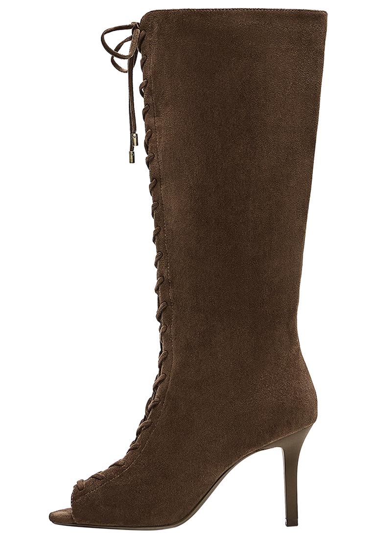CORSET PEEP TOE HEEL BOOTS — Tan
