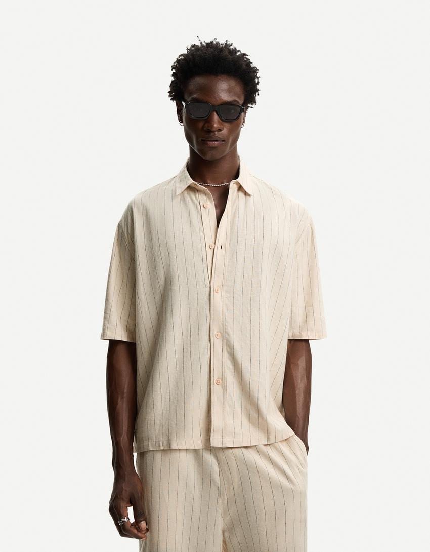 Kurzarmhemd mit Leinenanteil-Beige-0