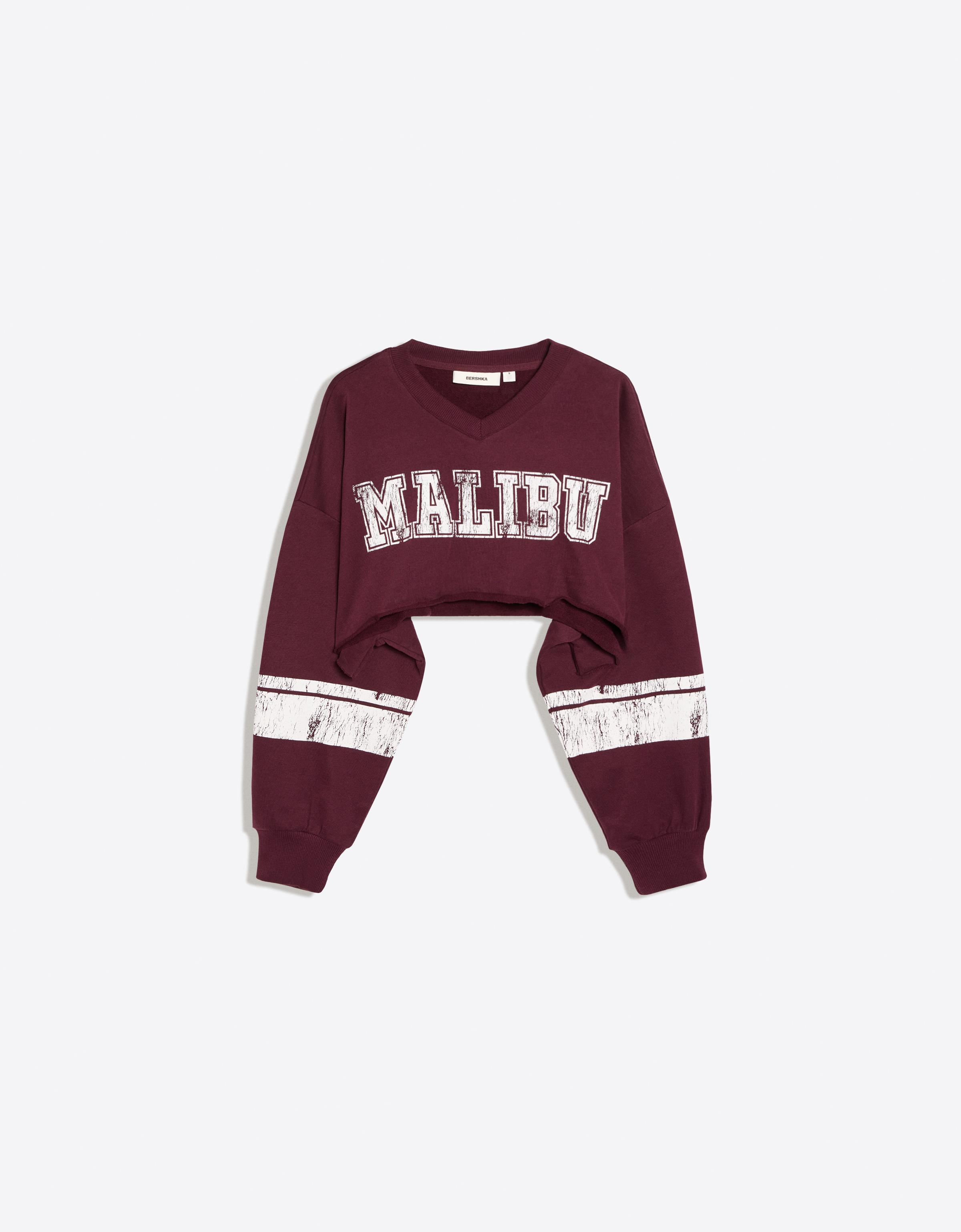 Cropped round neck print sweatshirt — Burgundy