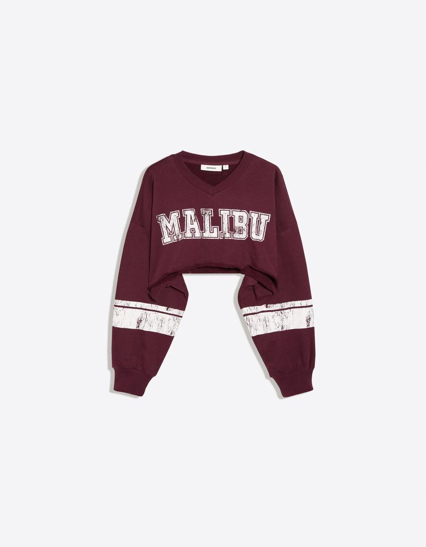 Cropped round neck print sweatshirt-Burgundy