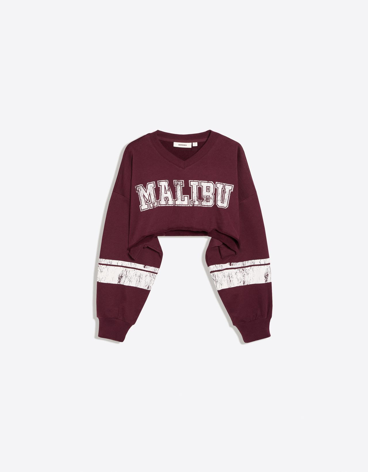 Cropped round neck print sweatshirt — Burgundy