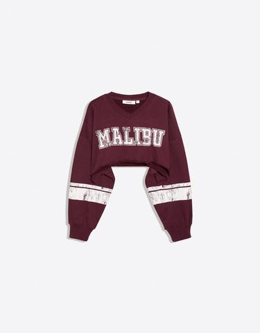 Cropped round neck print sweatshirt — Burgundy 5