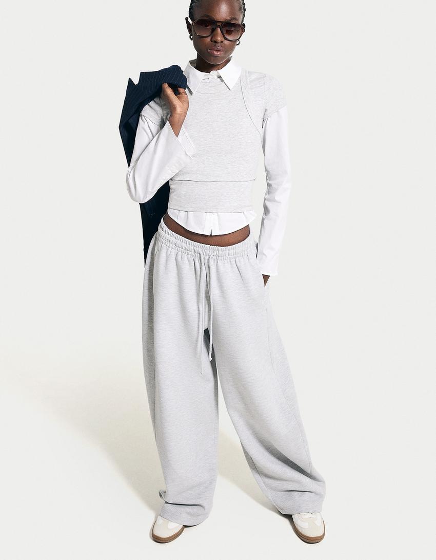 Sweatshirt material barrel pants-Grey