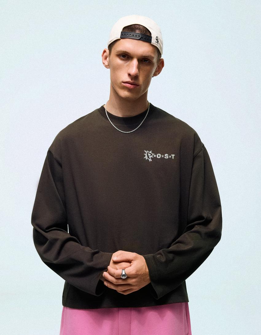 Long sleeve print T-shirt-Grey