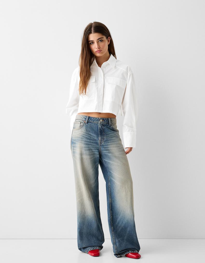 Long sleeve cropped poplin shirt with pocket-White