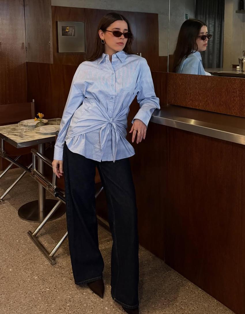 Oversize-Popelinhemd mit Schleife-Blau