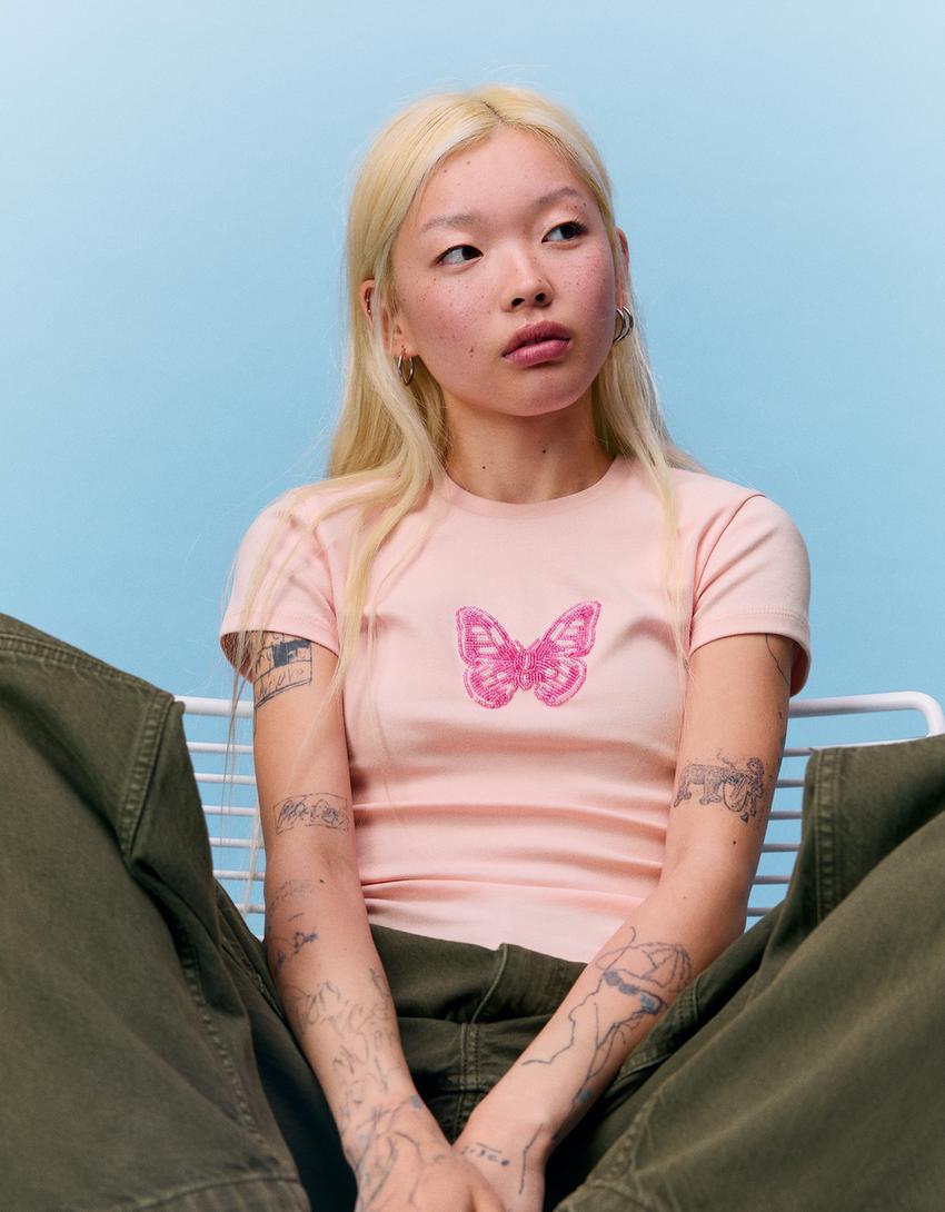 Short sleeve print and bead T-shirt-Pink