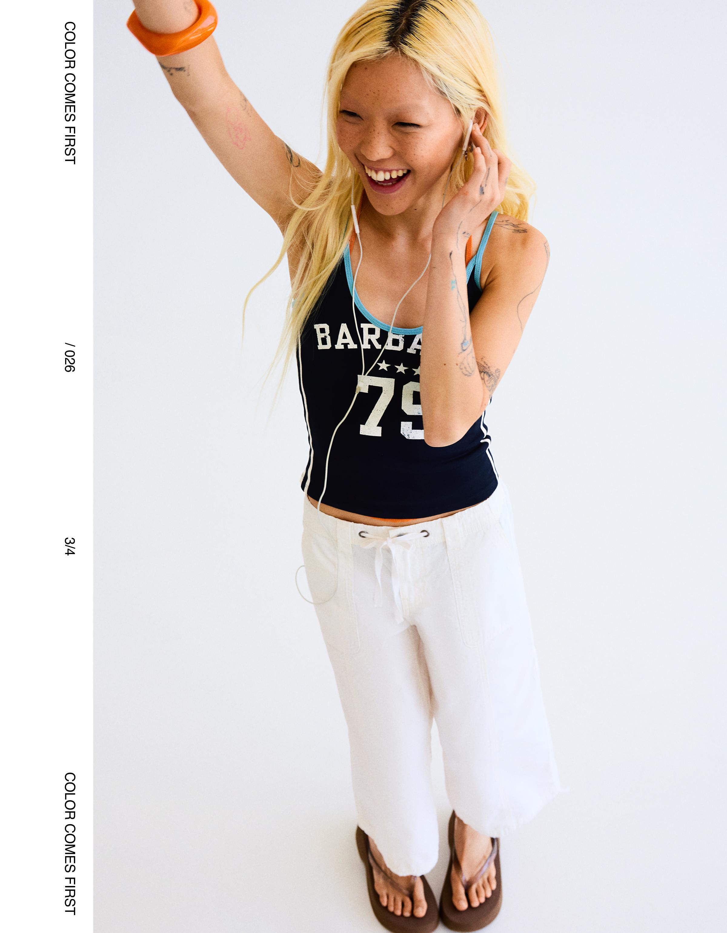 Printed strappy top — Navy