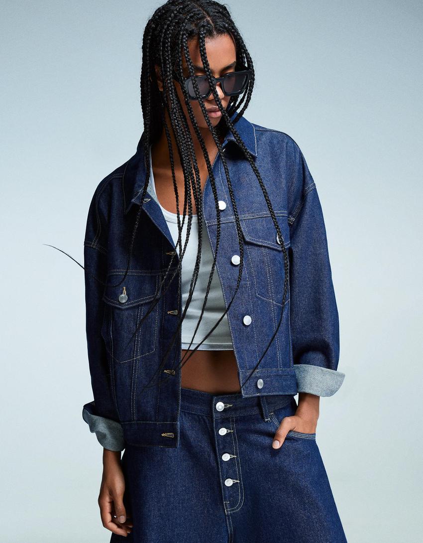 Oversize Jeansjacke-Marinenblau-2