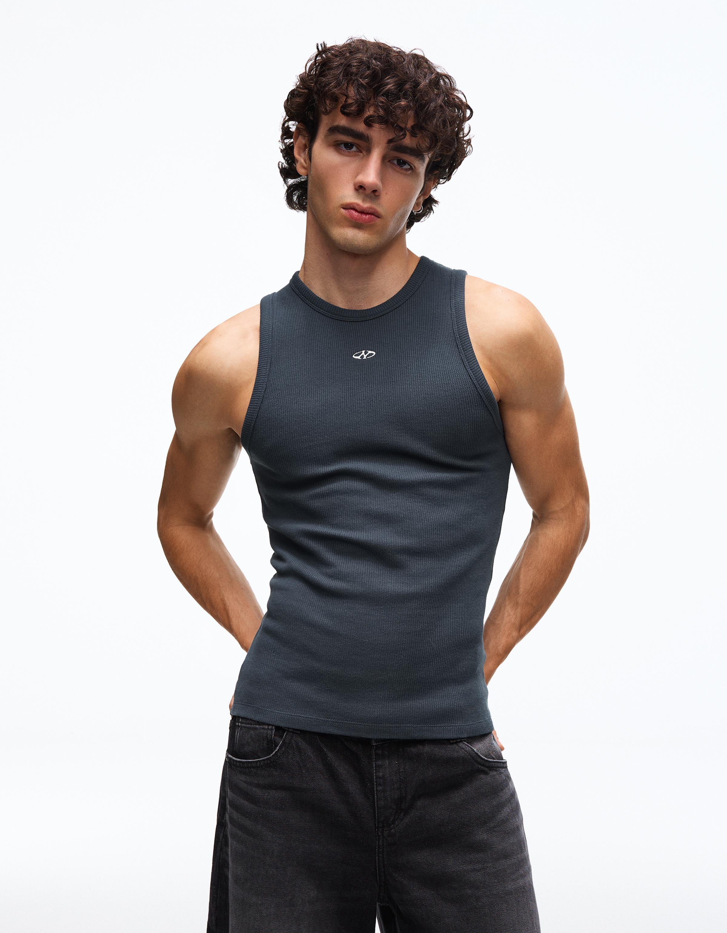 Bershka Canotta Con Stampa Waffle Uomo S Azzurro