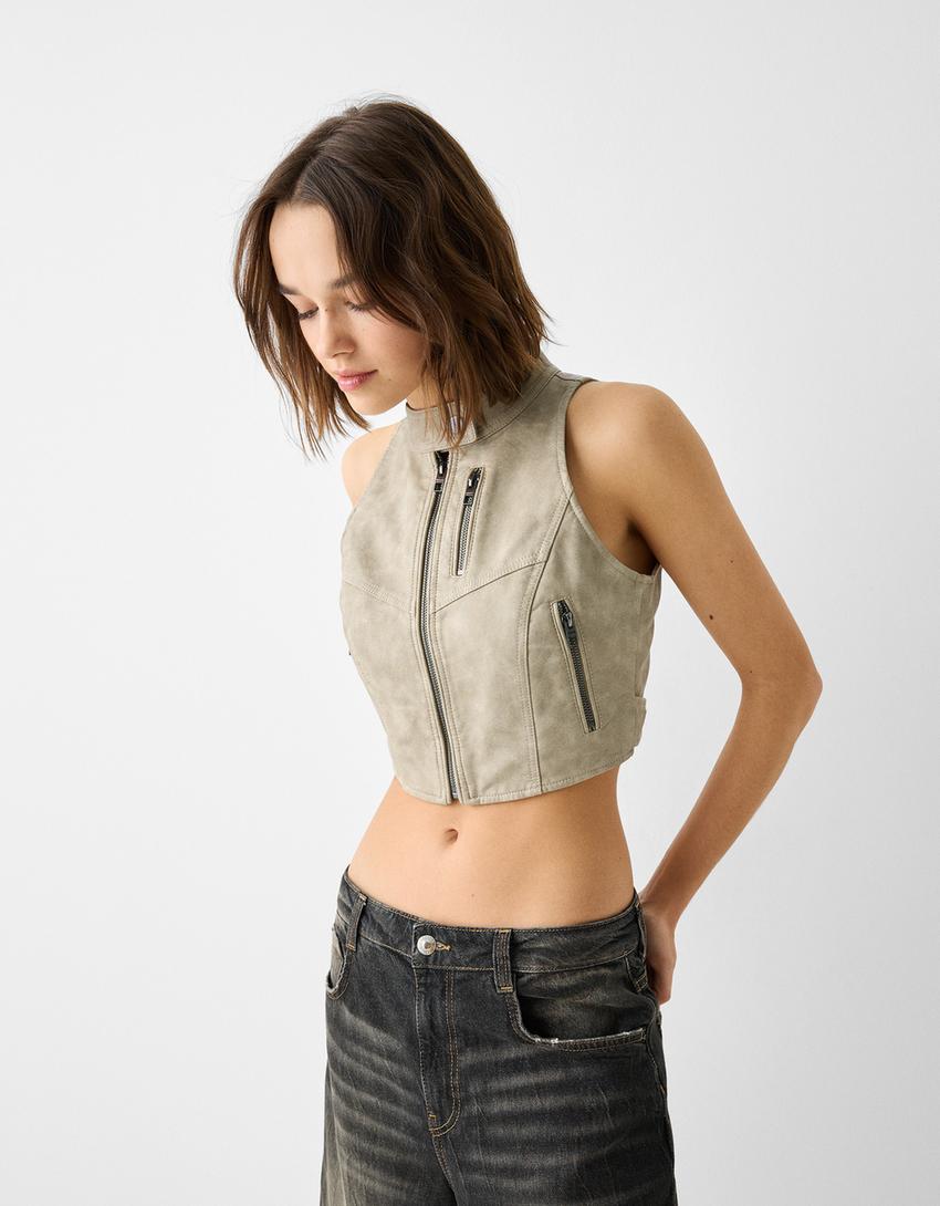 Colete de efeito pele-Bege-1