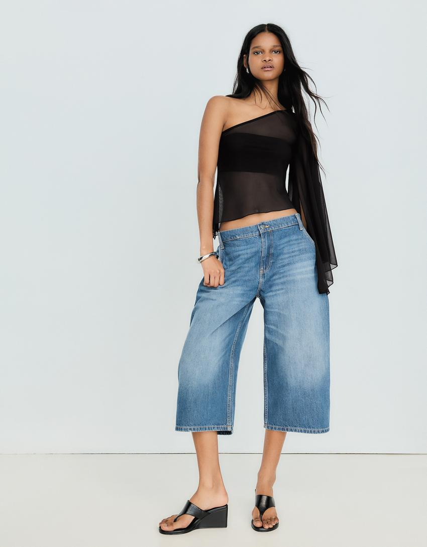 Asymmetric tulle top-Black