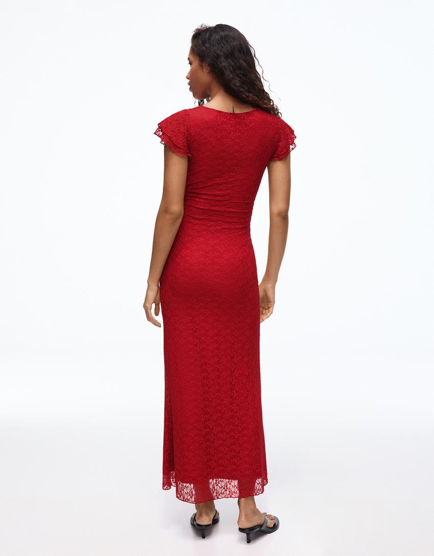 Robe midi en dentelle-Rouge