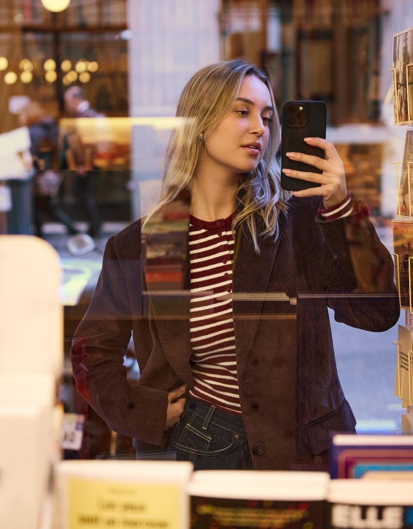 Fitilli kadife blazer-Kahverengi