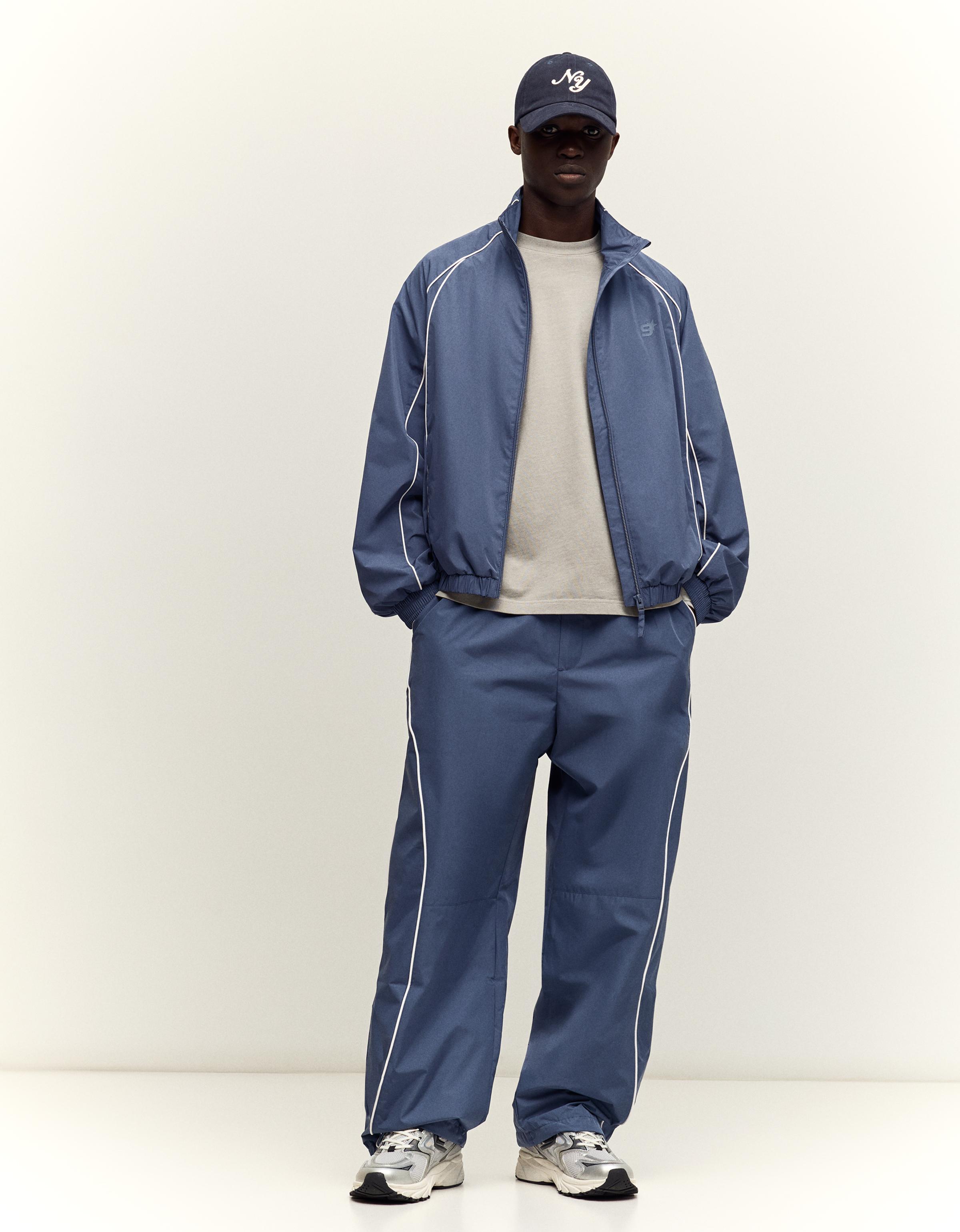 Bershka Pantalón Baggy Técnico Hombre Azul