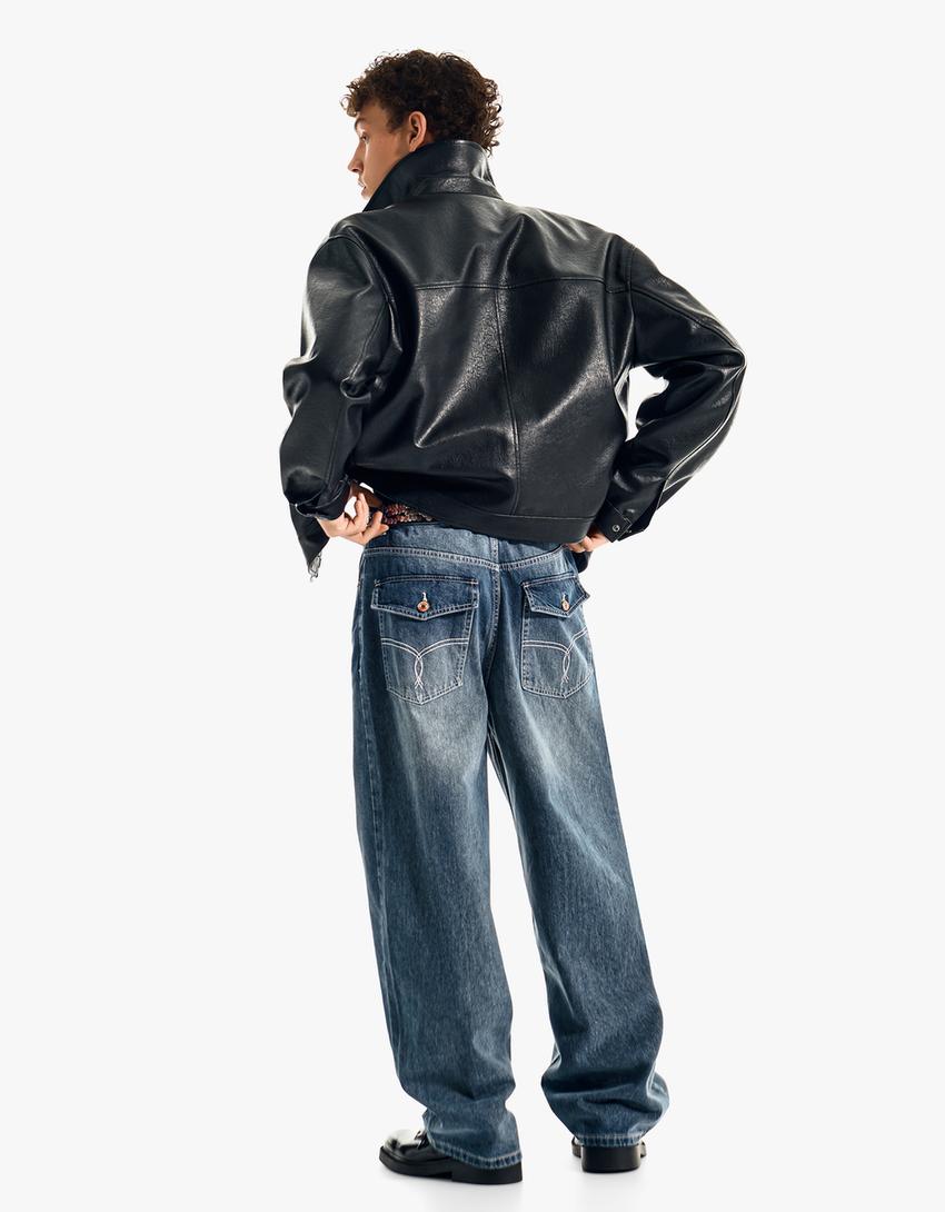 İşlemeli super baggy fit jean-Mavi