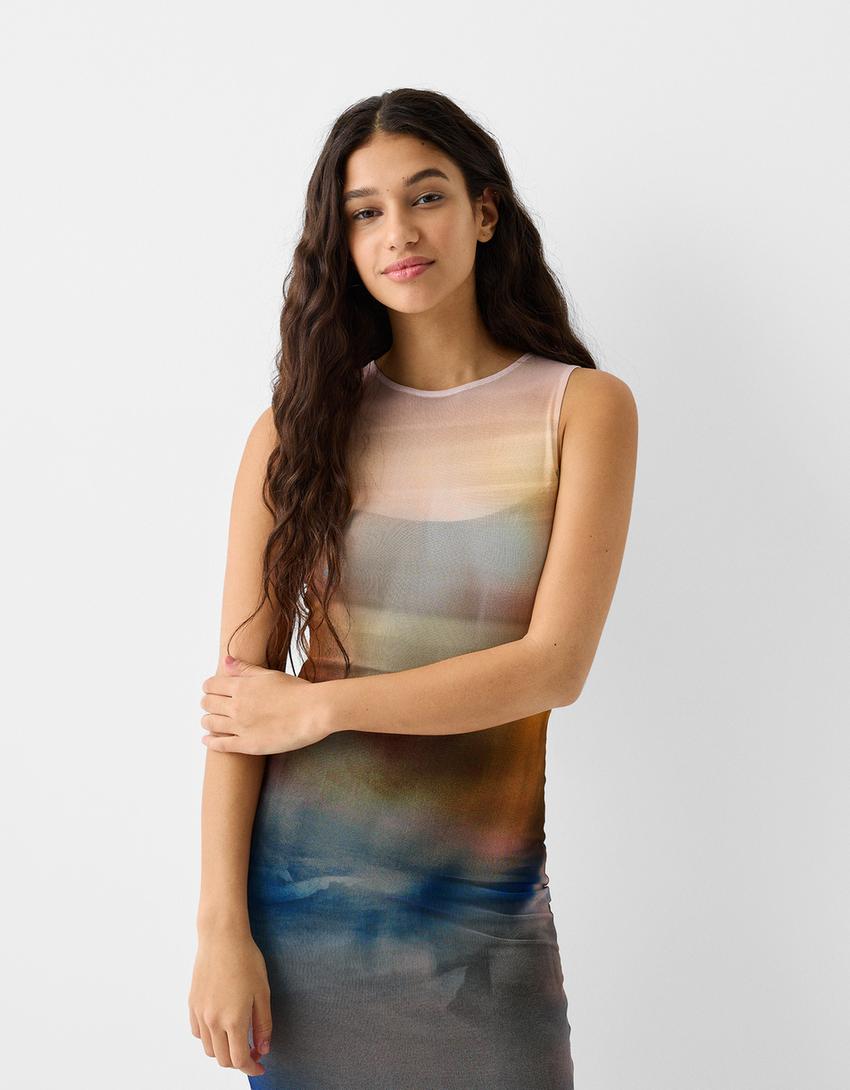 فستان تول مطبوع متوسط الطول بدون أكمام-أزرق-1