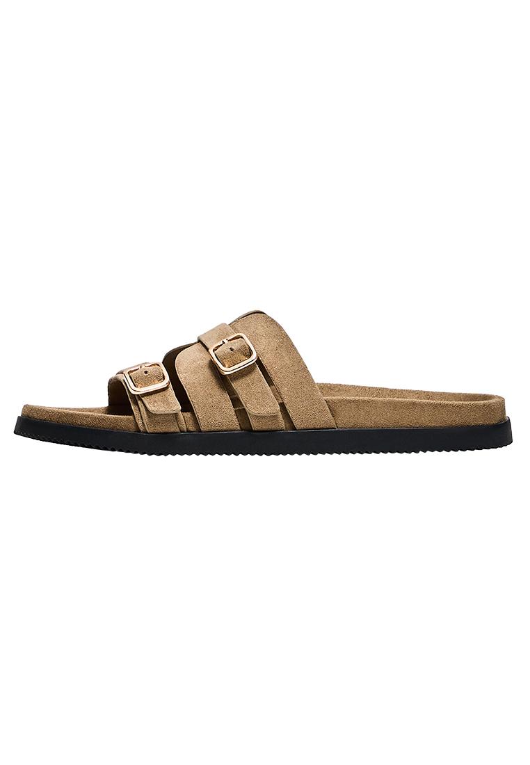 Buckle detail flat slider sandals — Tan