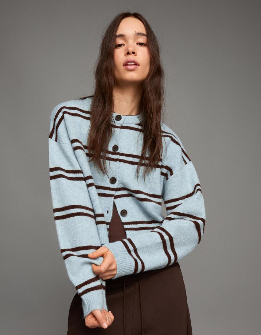 Striped button-up cardigan-Turquoise