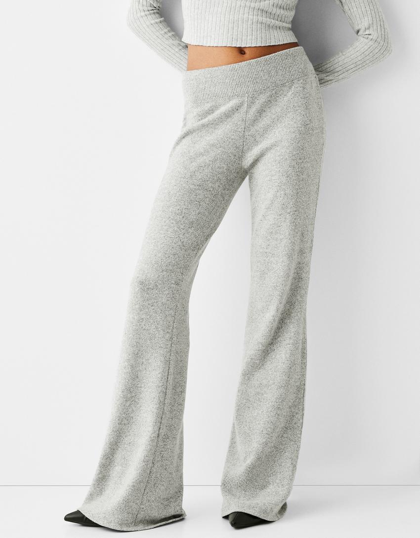 Calças de malha à boca de sino-Cinza-1