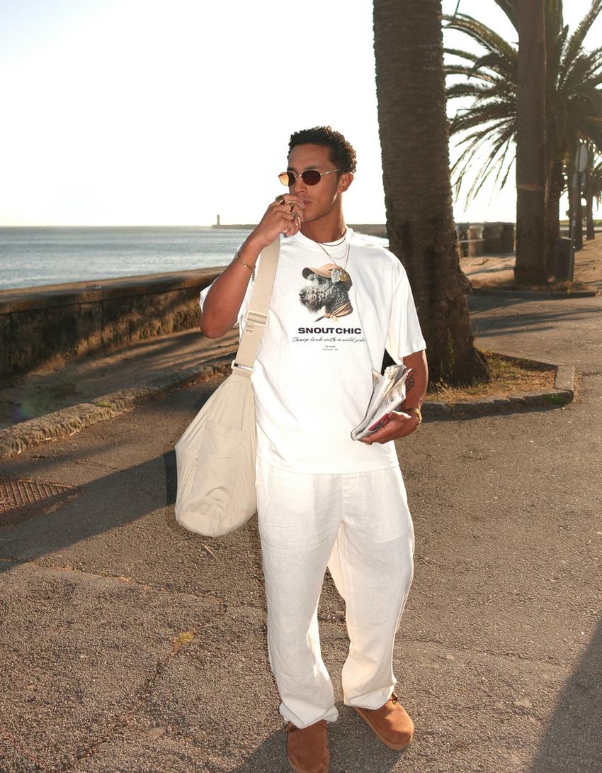 Calças jogger wide leg com linho-Branco