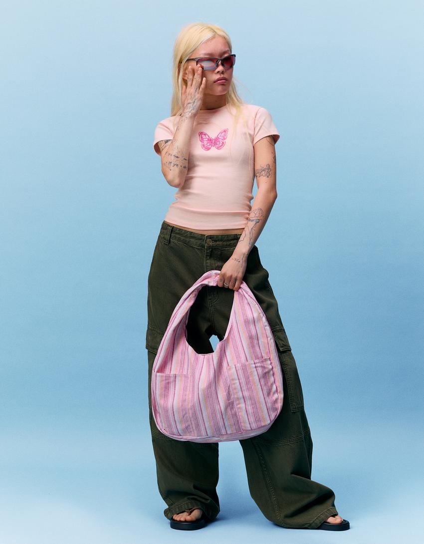 T-shirt manches courtes imprimé et perles-Rose